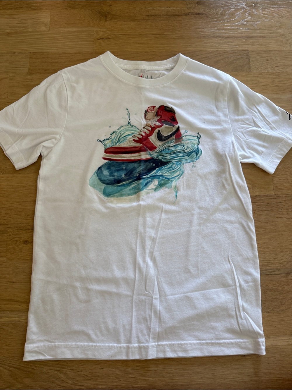 Jordan White Tee with Red and Blue Sneaker Graphic